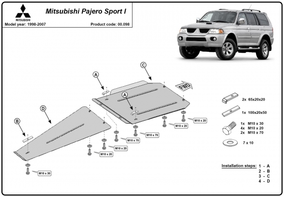 Steel gearbox and differential skid plate for Mitsubishi Pajero Sport 1
