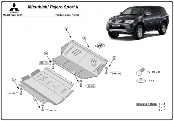 Steel skid plate for the protection of the engine and the radiator for Mitsubishi Pajero Sport 2