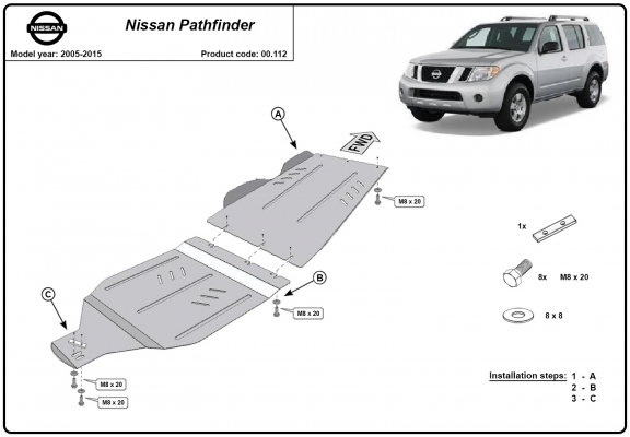 Steel gearbox and differential skid plate for Nissan Pathfinder